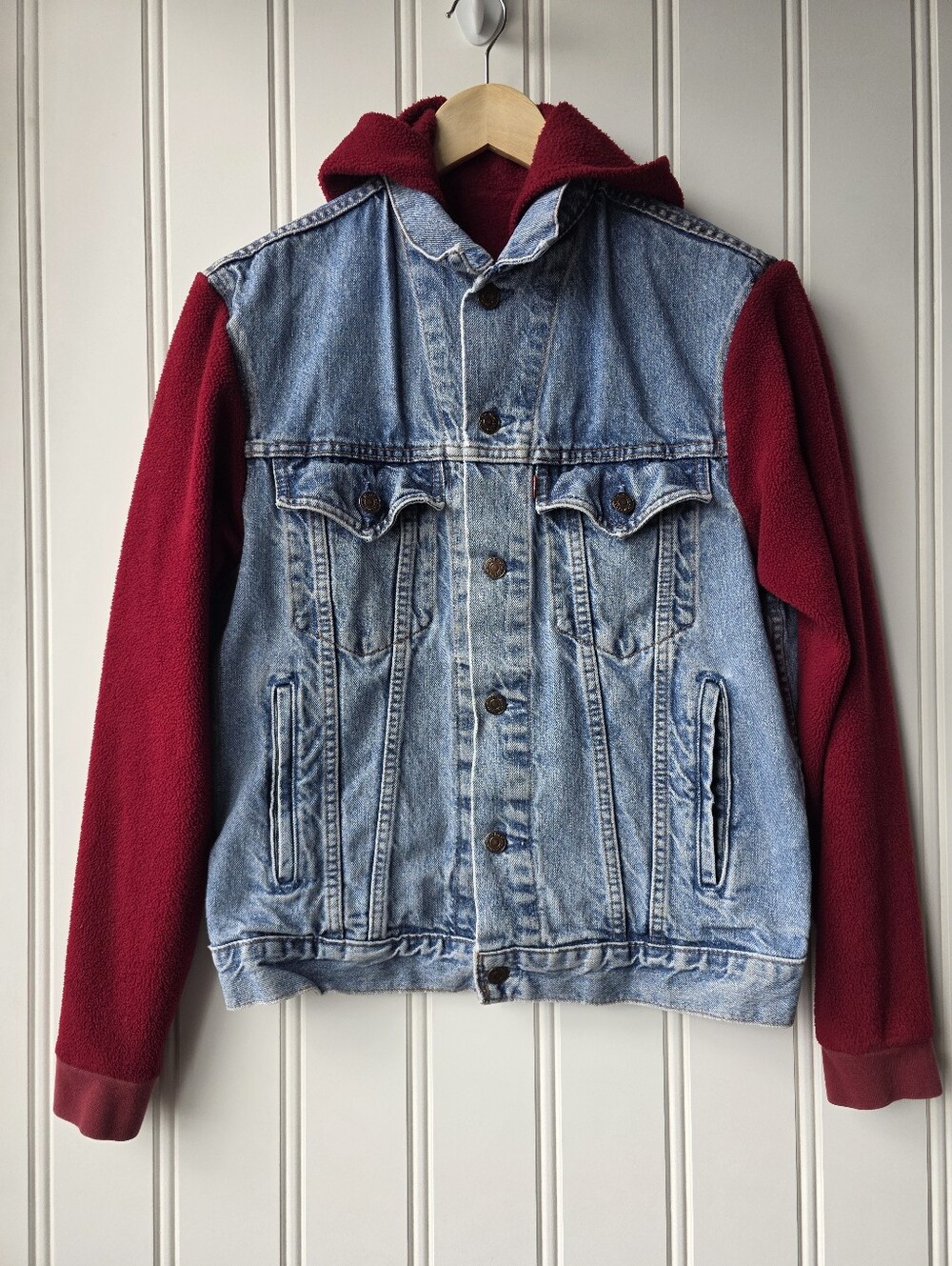 Levis Hybrid Hoodie Trucker Jacket Blue Red Denim Mens Medium